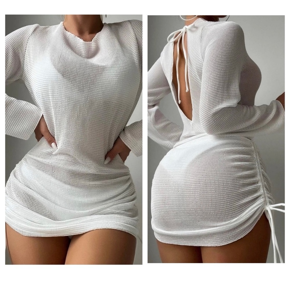 White Backless Drawstring Sides Cover Up Dress